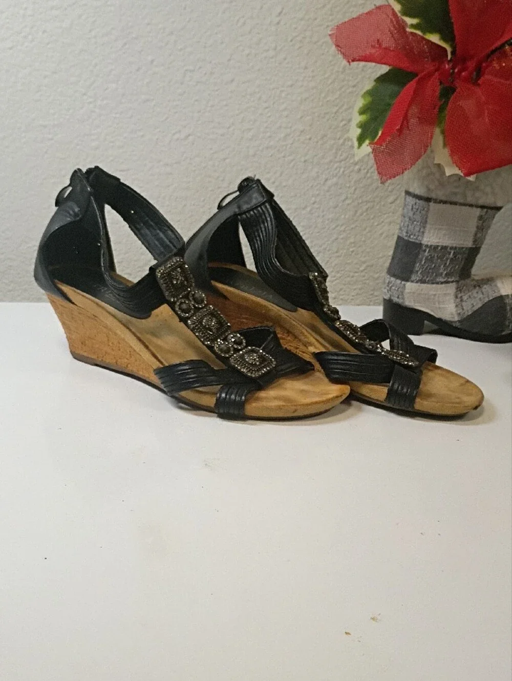 Black Jeweled T-Strap Wedge Sandals